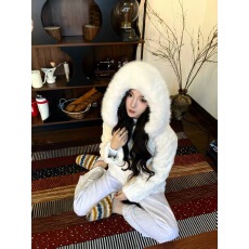 批发韩系软糯毛茸茸环保皮草白色连帽大衣外套女秋冬保暖宽松毛绒棉衣