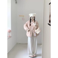 批发粉色菱格羊羔毛棉衣棉服女秋冬季2025年新款加厚保暖夹棉加绒外套