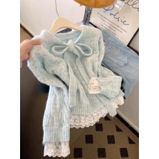 批发蕾丝拼接假两件系带蝴蝶结蓝色毛衣女秋冬高级感针织韩系穿搭