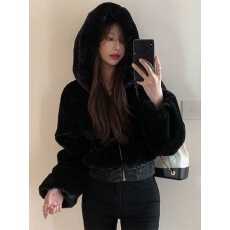 批发短款仿兔毛绒皮草外套女2026年冬季加厚棉服小个子毛茸茸连帽卫衣