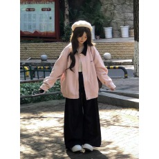 批发甜美风粉色翻领休闲夹克上衣女早<b class='q'>秋</b>小众设计感宽松美式棒球服外套