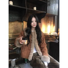 批发毛茸茸外套女冬季时尚韩版2024新款加厚环保皮草牛仔拼接毛绒上衣