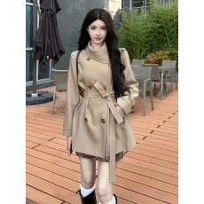批发英伦风<b class='q'>双排扣</b>围脖领收腰中长款<b class='q'>风衣</b>外套女短款小个子早秋季