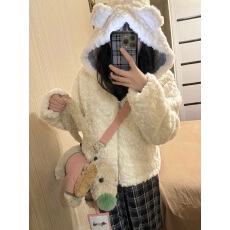 批发韩系奶fufu软糯毛绒绒羊羔毛加厚外套女秋冬季小熊耳朵小个子上衣