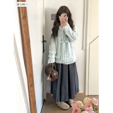 批发蕾丝拼接假两件系带蝴蝶结蓝色毛衣女秋冬高级感针织韩系穿搭