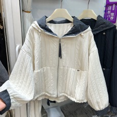批发复古连帽压格拼接短<b class='q'>外套</b>女欧洲站2025<b class='q'>秋装</b>新款欧货时尚夹克上衣潮