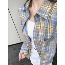 批发美式复古黄蓝色格子长袖衬衫女春秋夏季宽松休闲中性bm衬衣外套