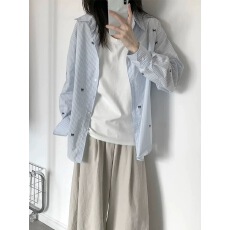 批发蓝白条纹蝴蝶结印花衬衫女春秋夏季<b class='q'>韩版</b>宽松慵懒休闲<b class='q'>长袖</b>衬衣