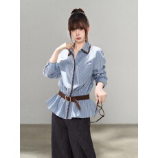 批发韩系设计感撞色条纹长袖衬衫上衣女秋冬小众别致宽松气质衬衣外套