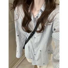 批发蓝白条纹蝴蝶结印花<b class='q'>衬衫</b>女春秋夏季<b class='q'>韩版</b>宽松慵懒休闲长袖<b class='q'>衬衣</b>