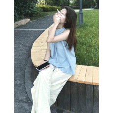 批发法式甜美背心女装夏季外穿小众蓝色衬衫气质挂脖吊带宽松无袖上衣