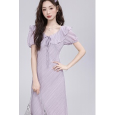 批发夏季温柔荷叶边V领泡泡袖<b class='q'>连衣</b>裙大码胖mm气质系带收腰肌理感<b class='q'>长裙</b>