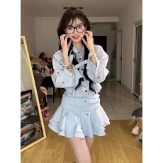 批发2025新款学院风miu系蓝色衬衫连衣裙子女春<b class='q'>夏季</b>气质收腰百褶短裙