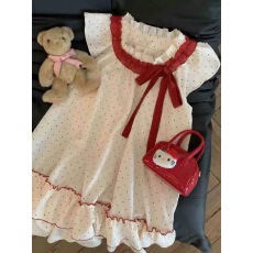 批发法式甜美波点蝴蝶结连衣裙女夏季小个子宽松显瘦蛋糕裙小飞袖短裙