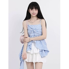 批发荷叶边甜美减龄撞色格子吊带背心女夏季不规则遮肚子收腰显瘦上衣