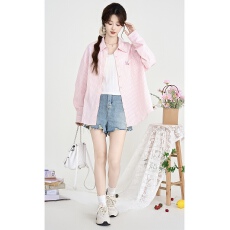 批发粉色翻领条纹<b class='q'>衬衫</b>外套女防晒衣百搭薄款设计感小个子长袖上衣