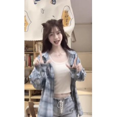 批发蓝色格子防晒衬衫外套早春女POLO领开衫衬衣小众上衣外穿2025新款