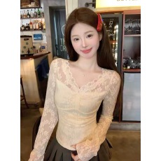 批发纯欲风刺绣<b class='q'>V领</b>长袖蕾丝衫女秋夏冬季新款修身显瘦短款内搭上衣潮