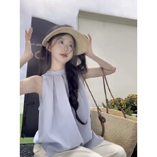 批发法式甜美背心女<b class='q'>装</b>夏季外穿小众蓝色衬衫气质挂脖吊带宽松无袖上衣