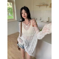 批发白色镂空抽绳绑带v领防晒针织衫女<b class='q'>夏季</b>早秋冰丝薄款空调罩衫上衣