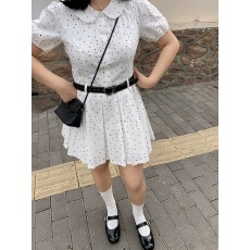 批发泡泡袖收腰工字褶连衣裙女夏季2025新款翻领波点绝美气质a字短裙