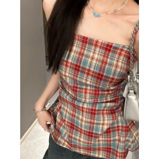 批发甜辣妹设计感红色格子吊带背心女<b class='q'>装</b>夏季显瘦小众褶皱收腰无袖上衣