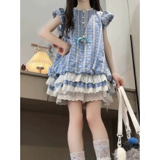 批发法式复古蓝格子小飞袖连衣裙女夏季小个子收腰显瘦花苞蛋糕短裙子