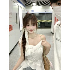 批发不规则荷叶边白色吊带背心女夏外穿设计感小众绝美叠穿无袖小上衣