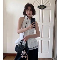 批发设计感蕾丝拼接露背无袖衬衫女夏季2025新款收腰显瘦短款翻领上衣