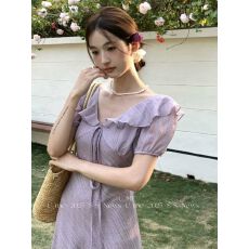 批发夏季温柔荷叶边V领泡泡袖连衣<b class='q'>裙</b>大码胖mm气质系带收腰肌理感长<b class='q'>裙</b>