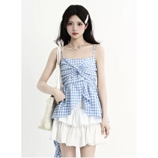 批发荷叶边甜美减龄撞色格子吊带背心女夏季不规则遮肚子收腰显瘦上衣