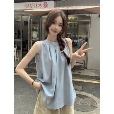 批发法式甜美背心女装夏季外穿小众蓝色<b class='q'>衬衫</b>气质挂脖吊带宽松无袖上衣