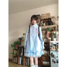 批发蓝色条纹衬衫<b class='q'>连衣裙</b>子女初夏2025年新款小个子花边娃娃领短裙夏季