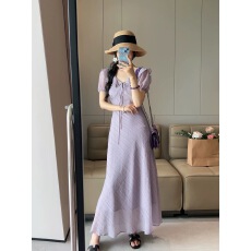 批发夏季温柔荷叶边V领泡泡袖连衣裙大码胖mm气质系带收腰肌理感长裙