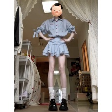 批发2025新款学院风miu系蓝色衬衫连衣裙子女春夏季气质收腰百褶短裙