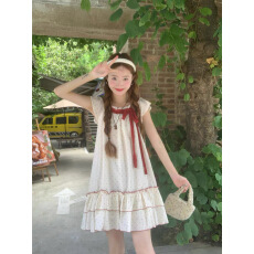 批发法式甜美波点蝴蝶结连衣裙女夏季小个子宽松显瘦蛋糕裙小飞袖短裙