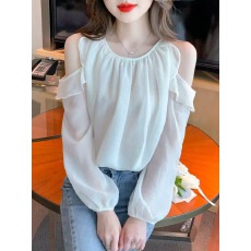 批发法式挂脖露肩挖肩灯笼袖长袖上衣女秋季设计感小众荷叶边雪纺衬衫