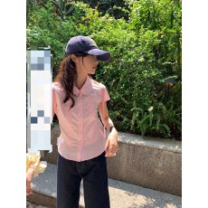 批发韩系正肩短袖衬衫女夏季T恤设计感小众日系宽松纽扣收腰短款上衣