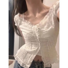 批发宫廷风小个子温柔蕾丝泡泡袖衬衣女夏季修身显瘦短袖衬衫甜美上衣