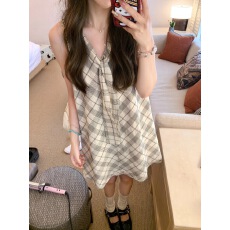 批发小众设计感海军领连衣裙a字女夏韩系格纹气质无袖宽松休闲背心裙