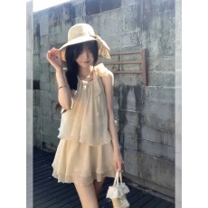 批发纯色系带蝴蝶结宽松褶皱上衣慵懒海边度假风气质显瘦裙裤套装女<b class='q'>夏</b>