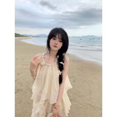 批发纯色系带蝴蝶结宽松褶皱上衣慵懒海边度假风气质显瘦裙裤套装女<b class='q'>夏</b>