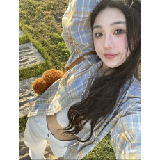 美式复古黄蓝色格子长袖衬衫女春秋夏季宽松休闲中性bm衬衣外套