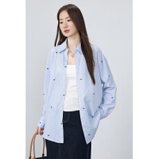 批发蓝白条纹蝴蝶结印花<b class='q'>衬衫</b>女春秋夏季韩版宽松慵懒休闲<b class='q'>长袖</b><b class='q'>衬衣</b>