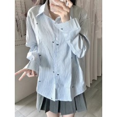 批发蓝白条纹蝴蝶结印花<b class='q'>衬衫</b>女春秋夏季<b class='q'>韩版</b>宽松慵懒休闲长袖<b class='q'>衬衣</b>