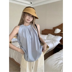 批发法式甜美背心女装夏季外穿小众蓝色衬衫气质挂脖吊带宽松无袖上衣