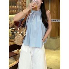 批发法式甜美背心女<b class='q'>装</b>夏季外穿小众蓝色衬衫气质挂脖吊带宽松无袖上衣