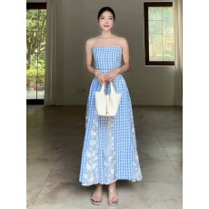 批发蓝白格子拼接蕾丝吊带连衣裙女夏季2025新款收腰A字显瘦大摆长裙