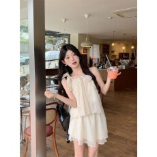 批发纯色系带蝴蝶结宽松褶皱上衣慵懒海边度假风气质显瘦裙裤套<b class='q'>装</b>女夏