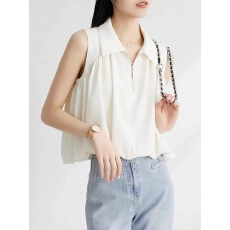 批发法式白色无袖半拉链背心衬衫女2025年夏季新款高级感短款小衫上衣